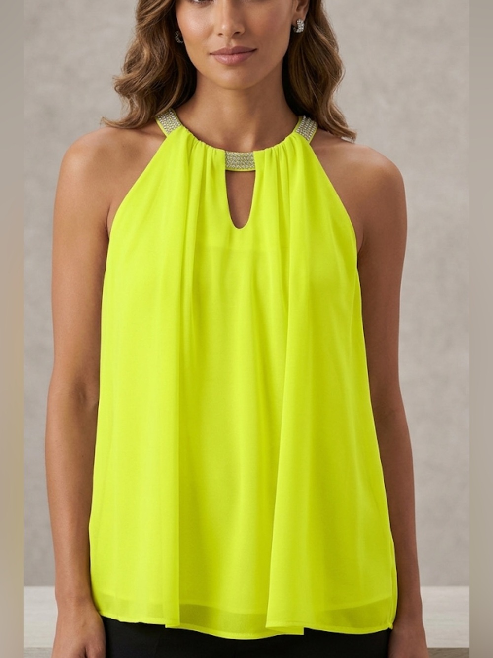 Agaci agaci agacNeon Yellow Halter-Style Sheer Camisole with Rhinestone Neckline